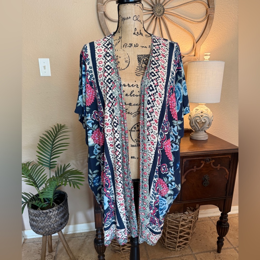 Blue & Pink Boho Floral Kimono Cardigan Oversized Fit